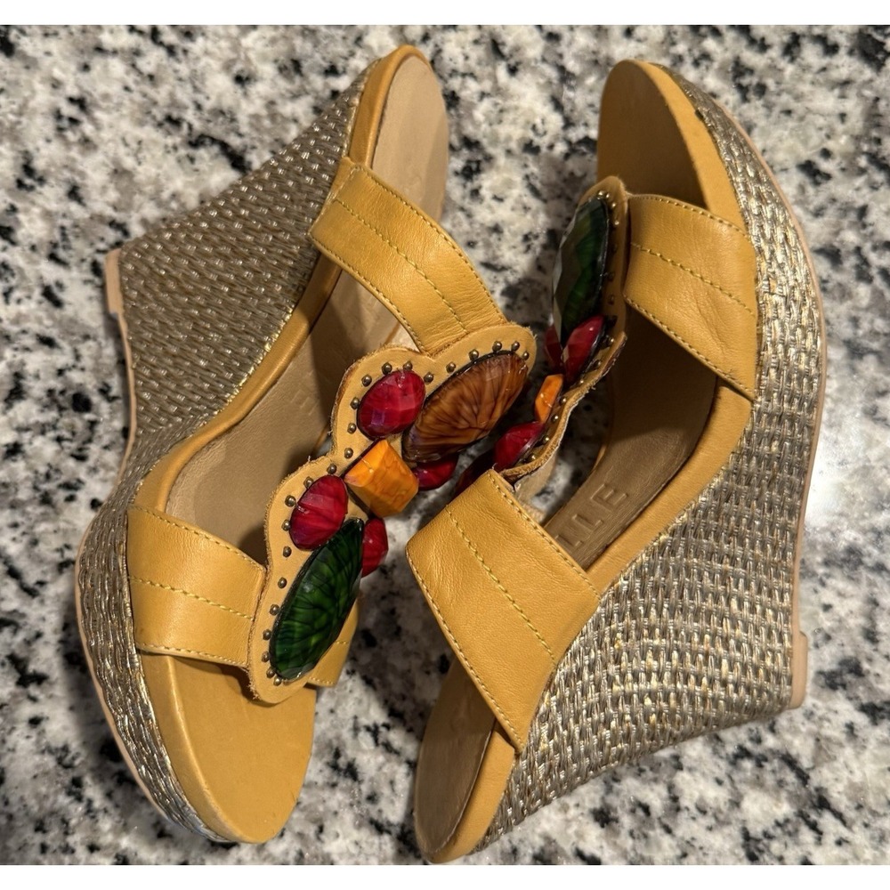 Sachelle Wedge Sandals 4" Open Toe Leather Jewel Yellow Embellished Size 6 EU 36